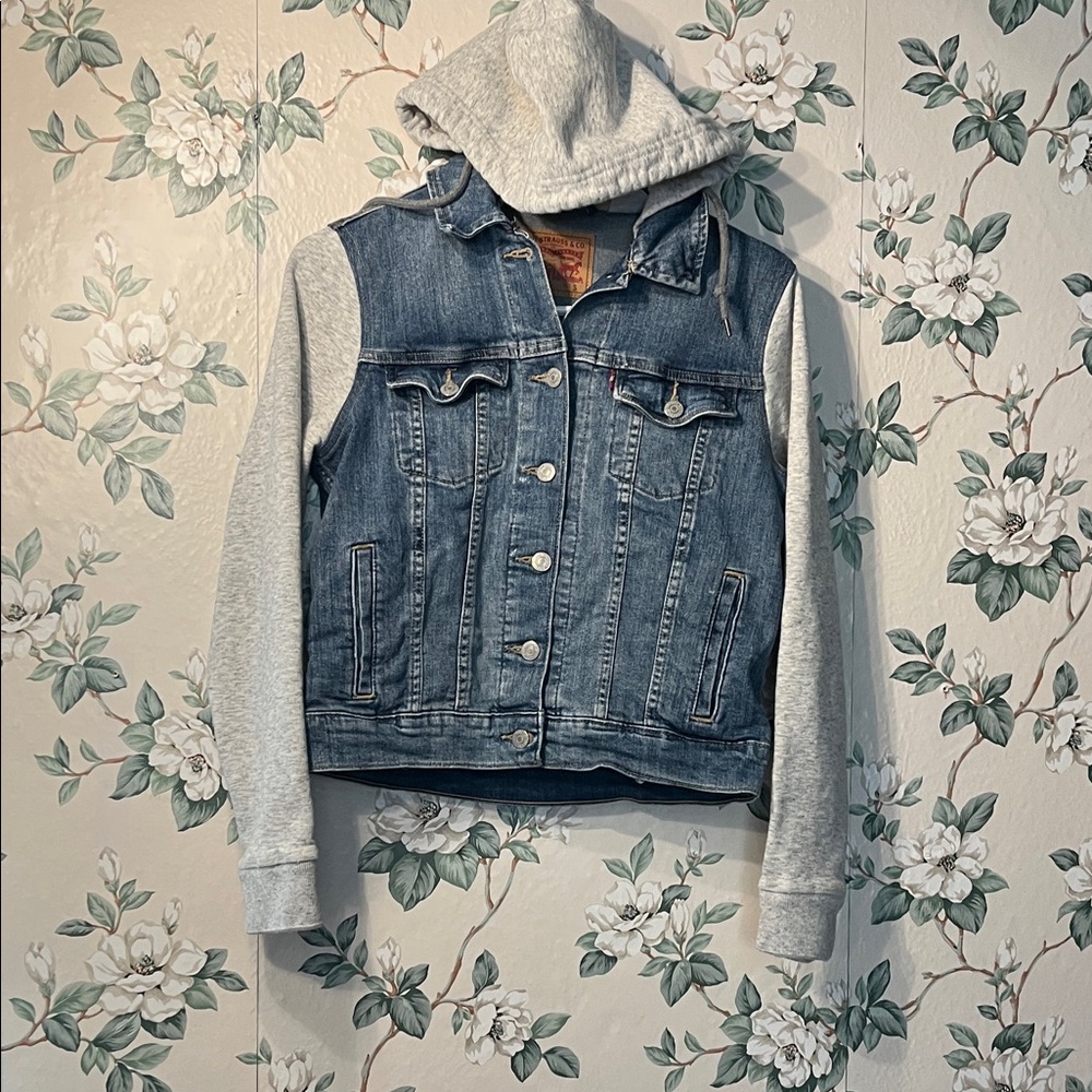 Gray Sleeve Denim Jacket with Hood - Casual Layering Jacket